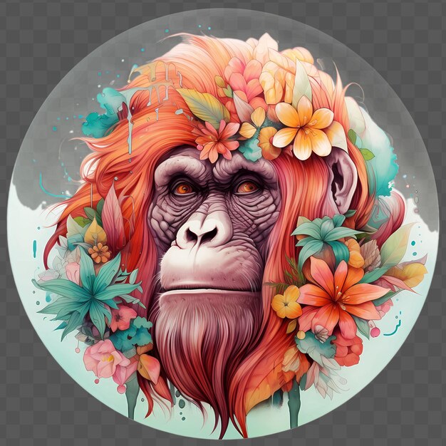 PSD cabeza de orangután con flores en su cabeza en el estilo sty waterclor diseño transparente psd aislado