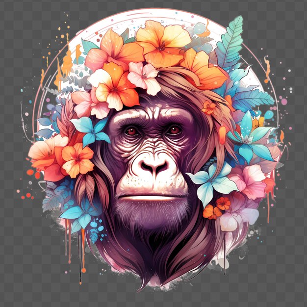 PSD cabeza de orangután con flores en su cabeza en el estilo sty waterclor diseño transparente psd aislado