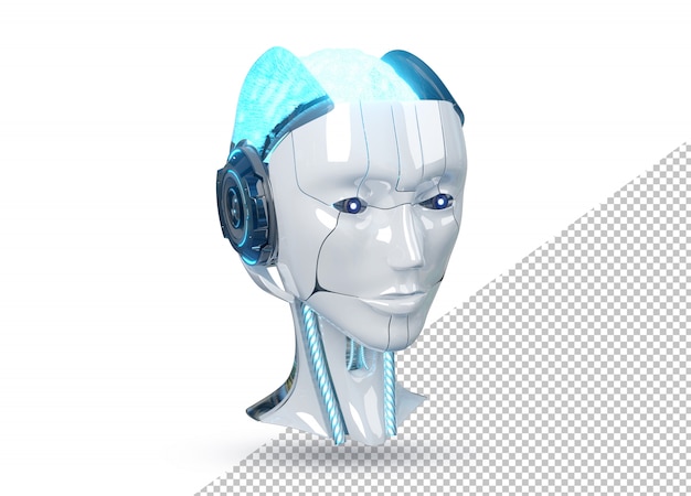 PSD cabeza de robot cyborg hembra blanco y azul aislado