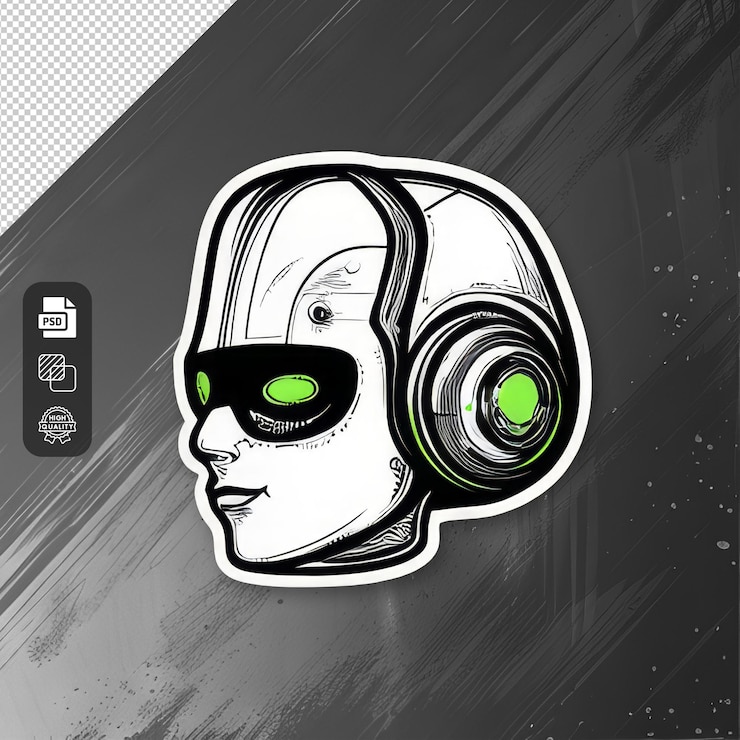 PSD cabeza de robot futurista con acentos verdes de neón y auriculares