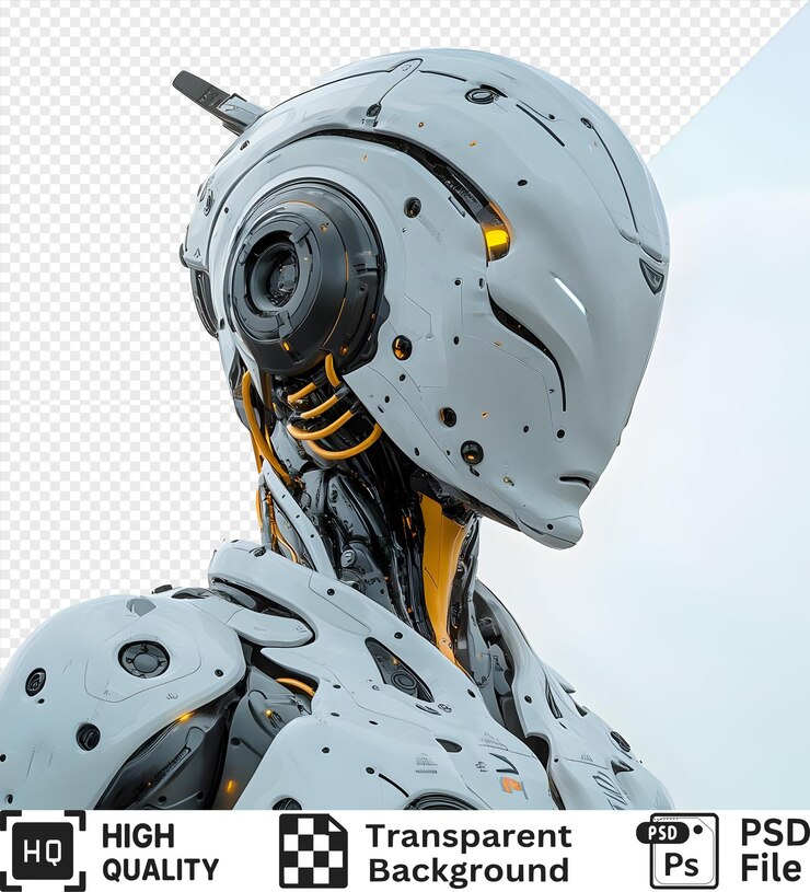 PSD cabeza de robot futurista con cables brillantes y casco blanco aislado sobre un fondo transparente
