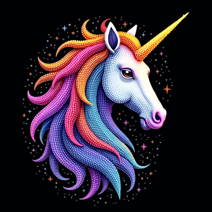 PSD cabeza de unicornio vibrante con un cuerno dorado