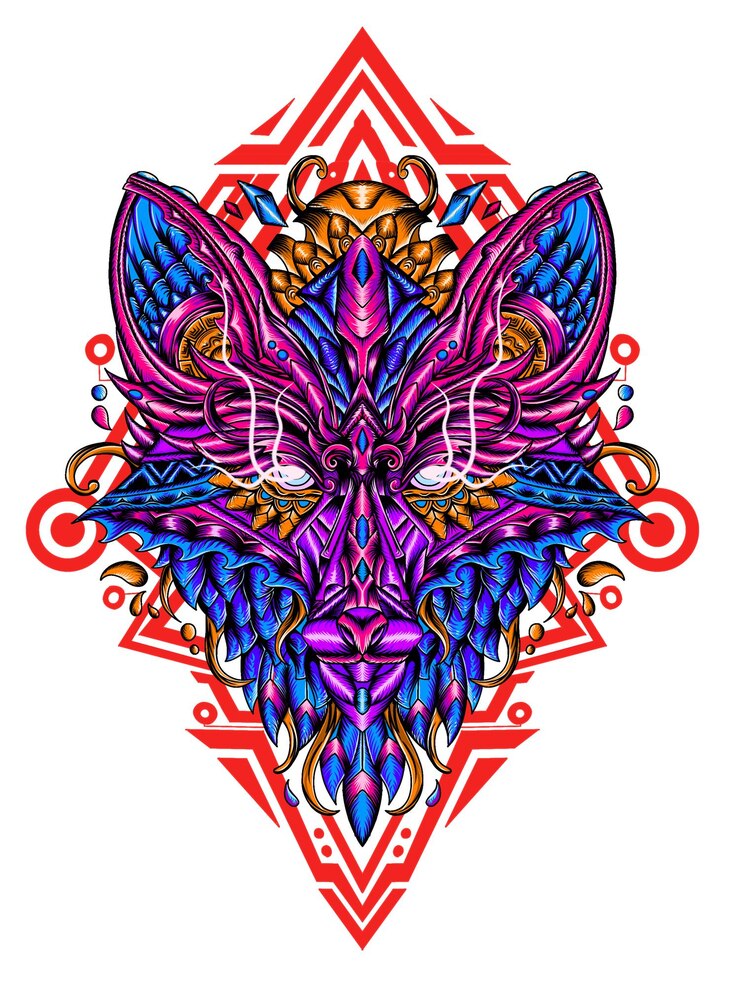 PSD cabeza de zorro colorida con un patrón. cabeza de zorro con un patrón. ilustración vectorial colorido. diseño de tatuaje.