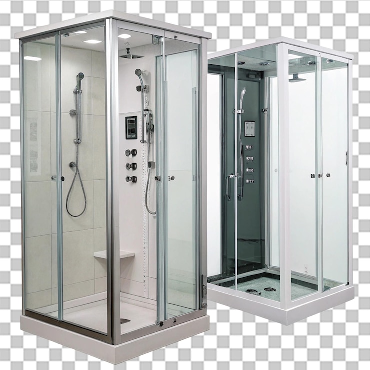 PSD cabines de banho com portas de vidro transparente e sistema de banho moderno isolado em fundo transparente