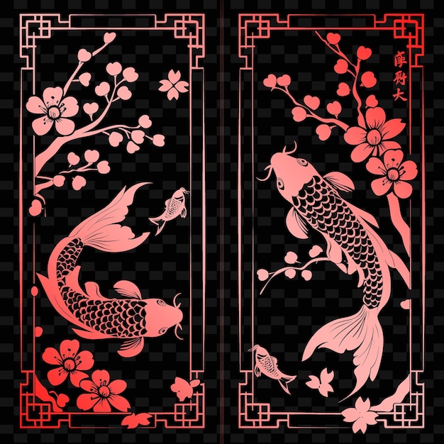 PSD cabinet d'art populaire oriental avec un cerisier en fleurs et une collection de motifs de décoration d'illustration koi f