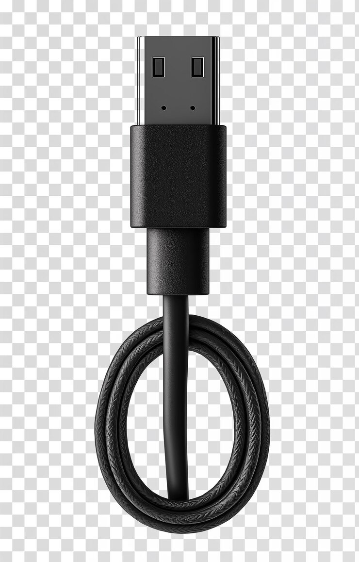 PSD cable de alimentación negro con adaptador y puerto usbc en fondo transparente