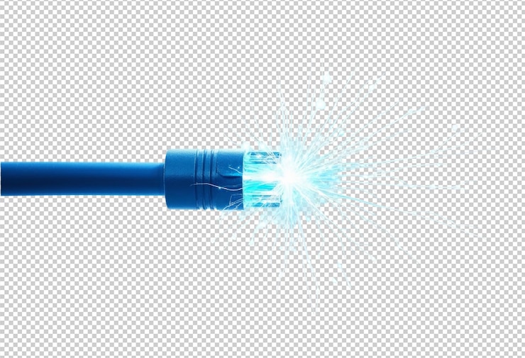 PSD un câble bleu émet une explosion d'énergie numérique