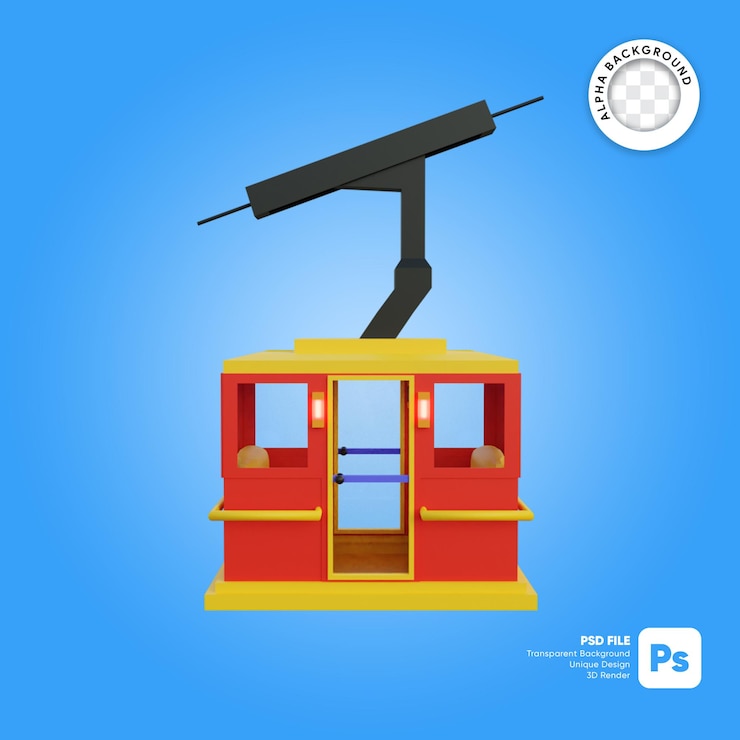 PSD cable car sky cartoon style side view 3d object
