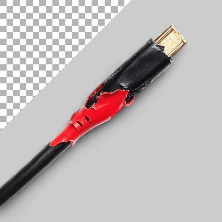 PSD el cable cortado negro y rojo dañado aislado sobre un fondo transparente