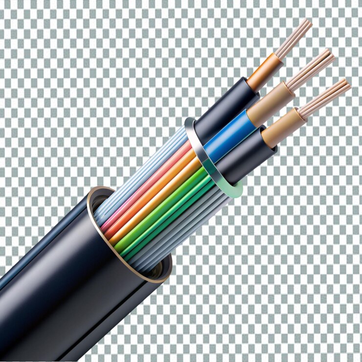 PSD cable de fibra óptica apretado sobre un fondo transparente