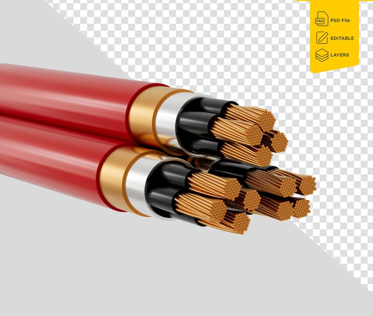 PSD cables eléctricos rojos con hebras de cobre aislamiento negro y vaina roja ilustración 3d
