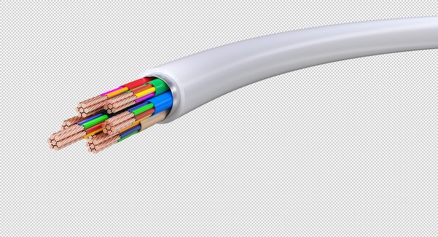 Cabo elétrico branco mostrando fios de cobre revelando isolamentos coloridos