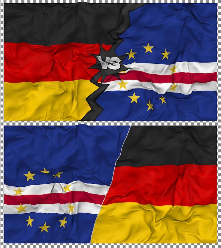 PSD cabo verde contra alemania media bandera combinada con textura 3d de la tela