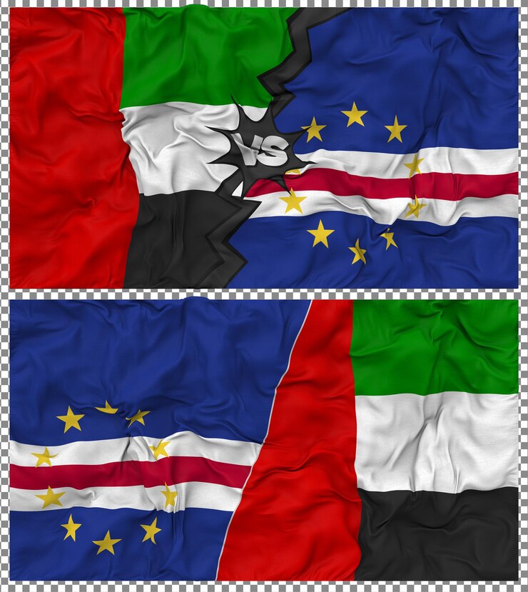 PSD cabo verde contra los emiratos árabes unidos media bandera combinada textura de la tela 3d