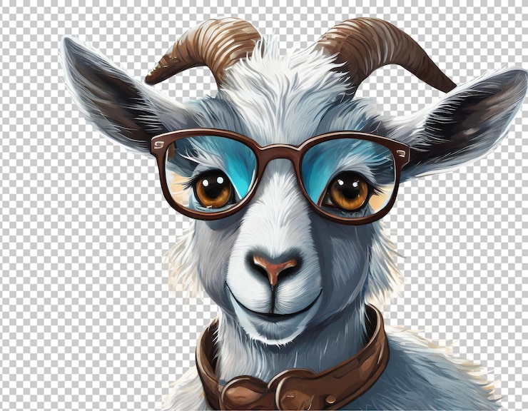PSD una cabra de dibujos animados con gafas aisladas sobre un fondo transparente