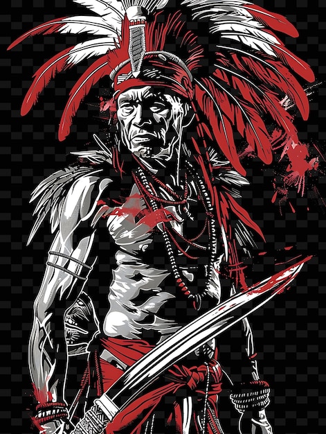 Caçador de cabeças Dayak de Bornéu com uma lâmina Mandau e um Shrun Flat Ilustração Retratos de Personagens