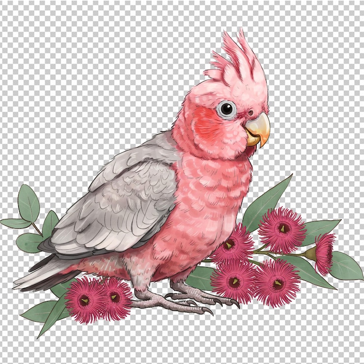 PSD cacatua rosa con eucalipto y ilustraciones de flores