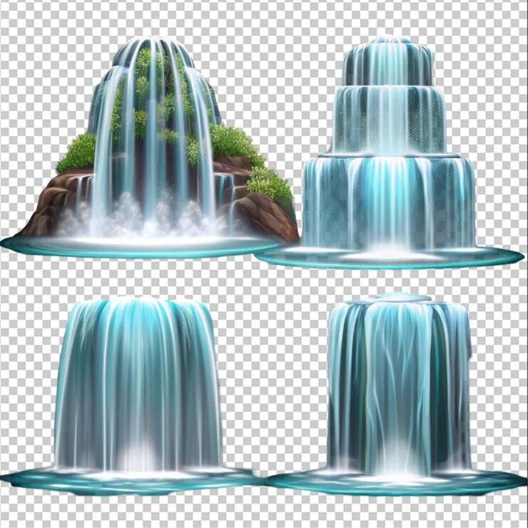 PSD cachoeira com folhas de plantas rochosas e musgo em fundo transparente ou branco renderização 3d realista