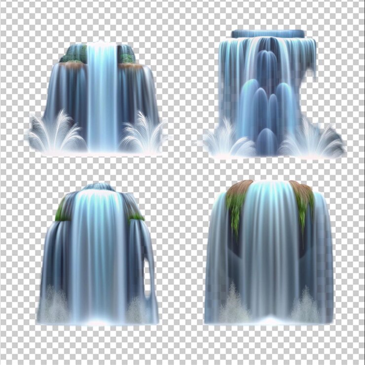 PSD cachoeira com folhas de plantas rochosas e musgo em fundo transparente ou branco renderização 3d realista
