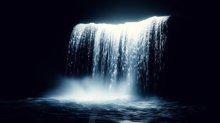 PSD cachoeira em cascata em piscina escura com efeitos de luz místicos à noite