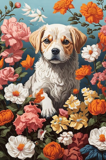 Cachorro com flores no fundo colorido