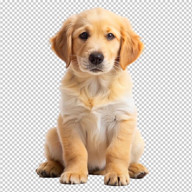 Cachorro de golden retriever sentado com a cabeça inclinada isolado em fundo transparente
