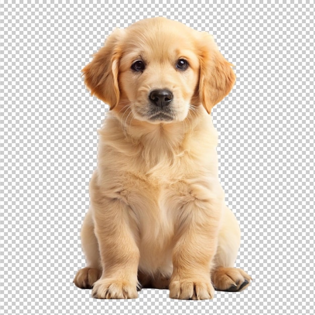 Cachorro de golden retriever sentado com a cabeça inclinada isolado em fundo transparente