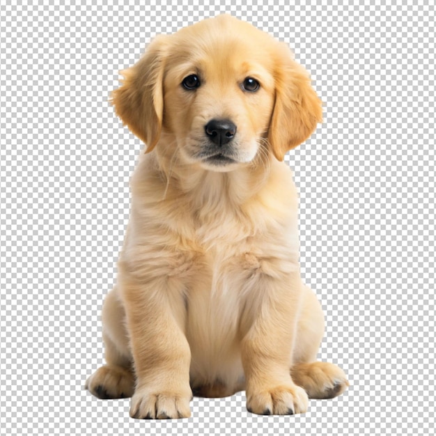 Cachorro de golden retriever sentado com a cabeça inclinada isolado em fundo transparente
