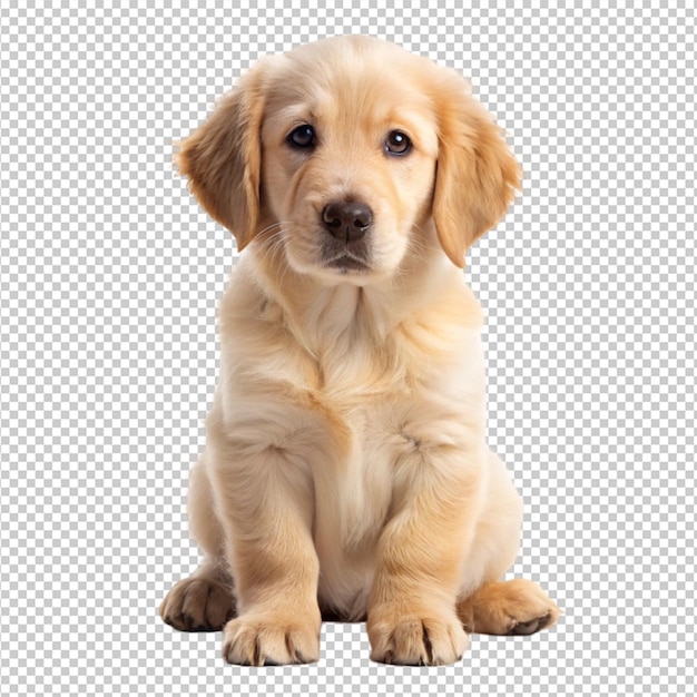 Cachorro de golden retriever sentado com a cabeça inclinada isolado em fundo transparente