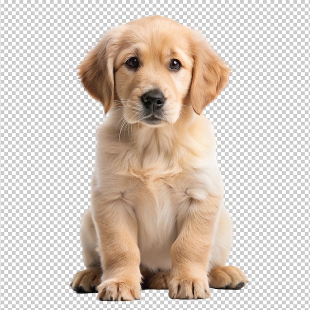 Cachorro de golden retriever sentado com a cabeça inclinada isolado em fundo transparente