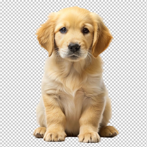 Cachorro de golden retriever sentado com a cabeça inclinada isolado em fundo transparente