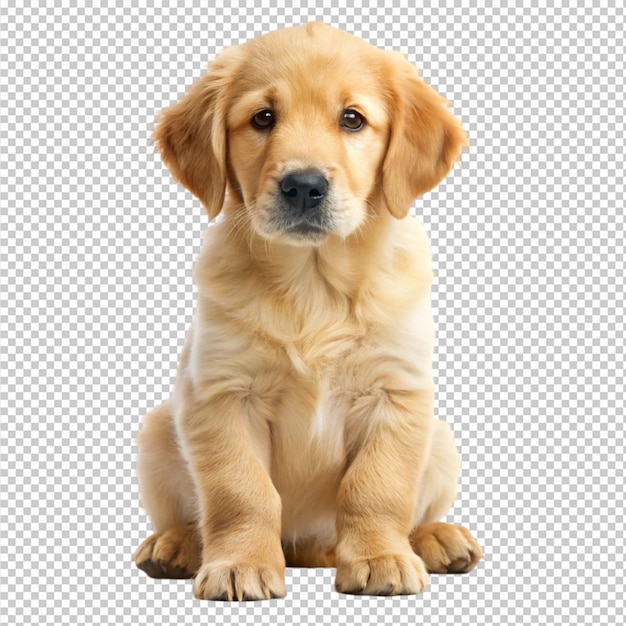 Cachorro de golden retriever sentado com a cabeça inclinada isolado em fundo transparente