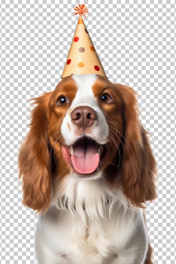 PSD cachorro feliz usando chapéu de aniversário isolado em fundo transparente