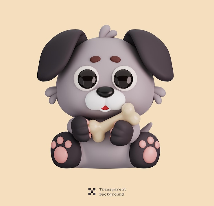 PSD cachorro fofo segurando osso isolado animais e comida ícone estilo desenho animado conceito 3d render ilustração