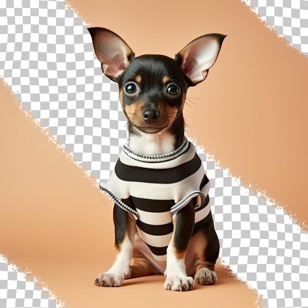 PSD un cachorro de fox terrier de juguete marrón y blanco posando en una camisa a rayas capturado en un retrato de estudio en un fondo transparente claro