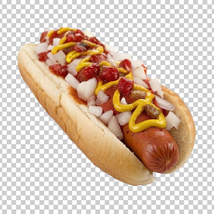 PSD cachorro-quente coberto com mostarda de ketchup e cebolas cortadas em um pão fresco