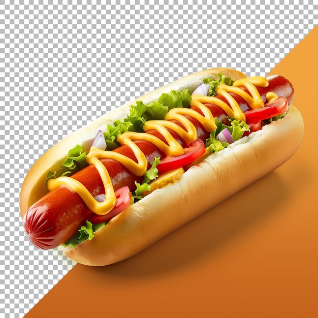 PSD cachorro-quente com ketchup, mostarda, cebola, tomate, picles e alface isolados em fundo transparente