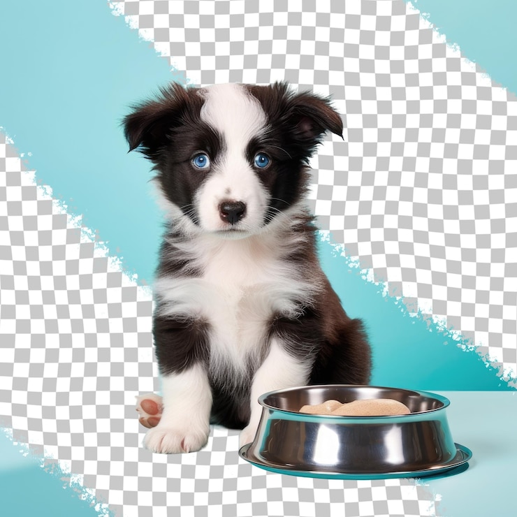 PSD un cachorro de raza de juguete con un pelaje blanco y negro se sienta junto a un cuenco de comida