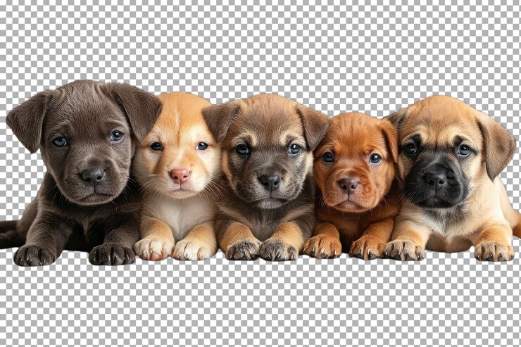 PSD cachorros adoráveis de várias raças sentados em uma fila contra um fundo plano mostrando suas expressões lúdicas e cores de pelagem distintas