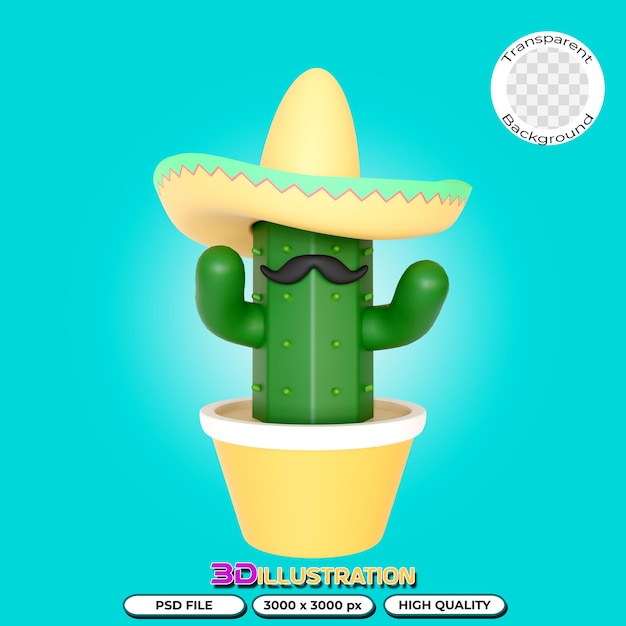 Cacto com chapéu sombrero 3d ilustração em fundo transparente