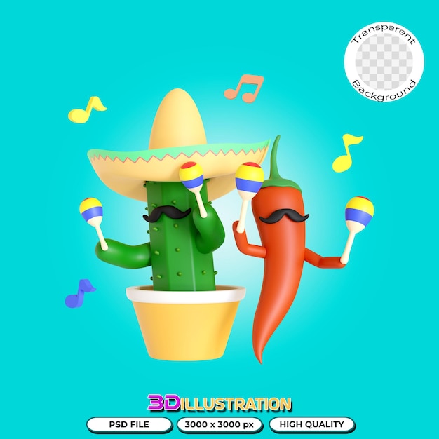 PSD cactus y ají rojo tocando maracas ilustración 3d en fondo transparente