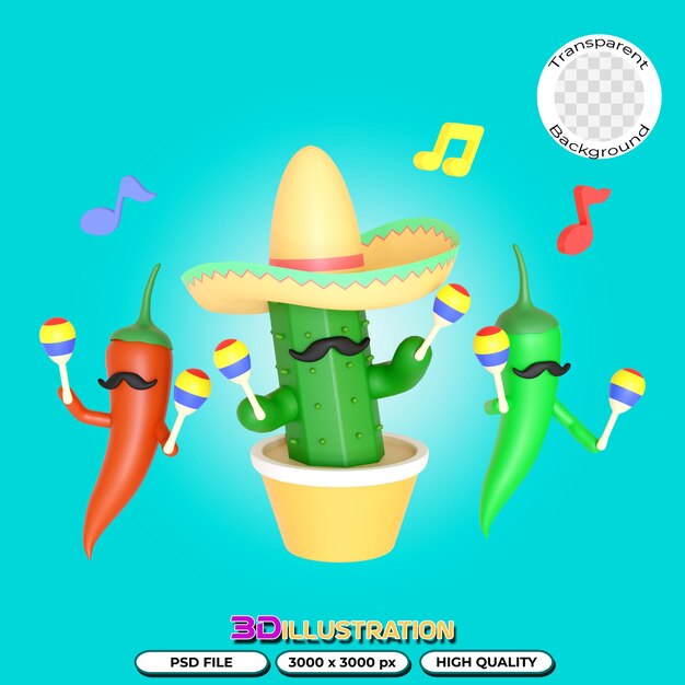 Cactus y ají tocando maracas Ilustración 3D en fondo transparente