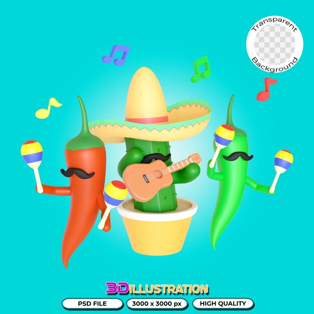 PSD cactus y ají tocando música ilustración 3d en fondo transparente