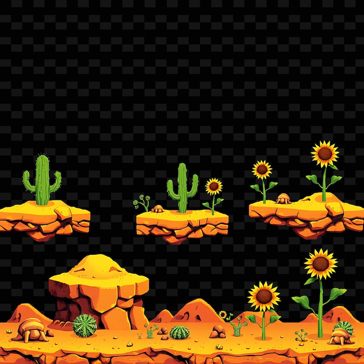 PSD cactus de arena de píxeles tumbleweeds girasoles cactus de piedra dorada con detalles puntiagudos juego de rollo