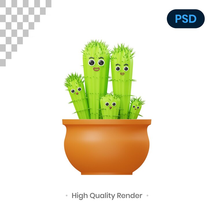 PSD cactus familia 3d render ilustración premium psd