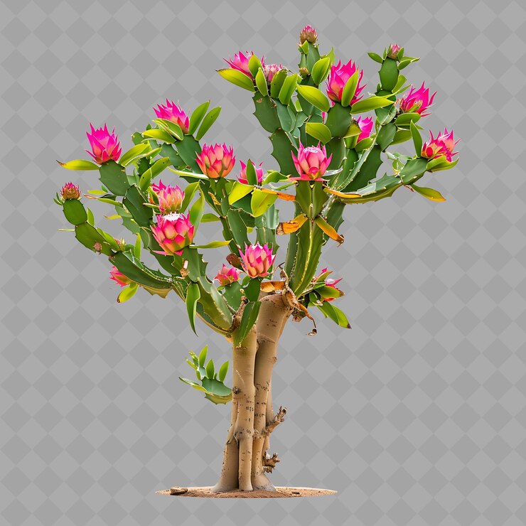 PSD cactus de frutas de dragón con tallos trepantes planta alta y con árbol png imagen en fondo limpio