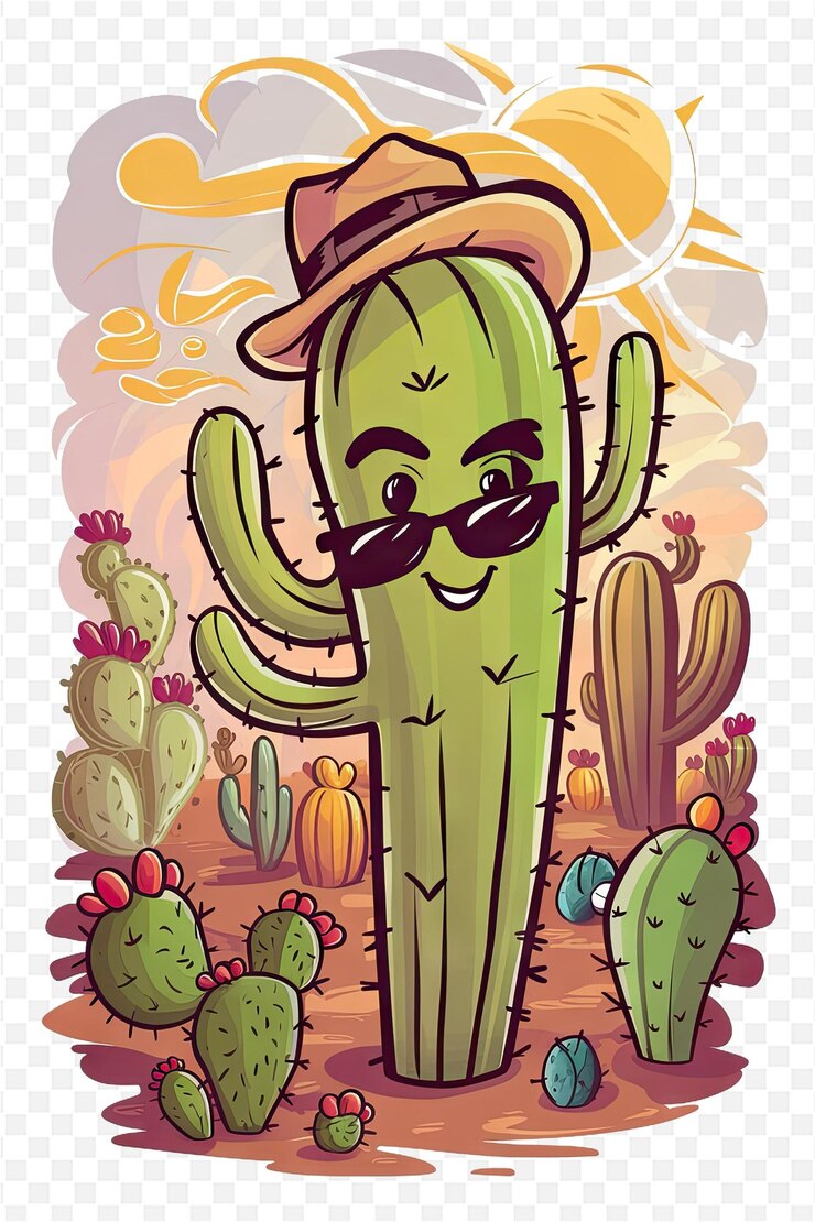 PSD un cactus con gafas y un sombrero está en un desierto