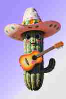 PSD un cactus con una guitarra y un sombrero con flores en él