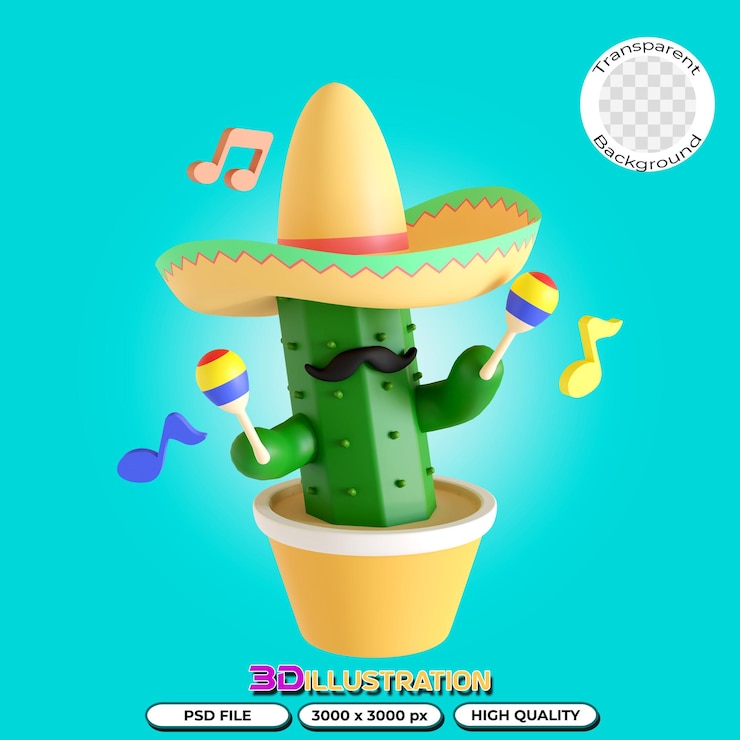 PSD cactus jugando maracas ilustración 3d en fondo transparente