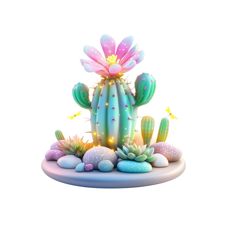 PSD los cactus luminosos florecen en un oasis desértico en 3d